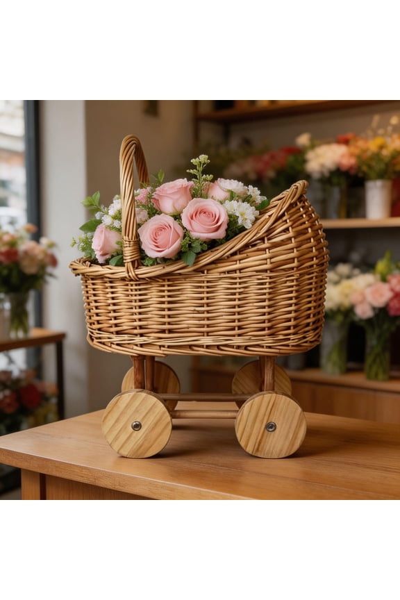 Wood Woven Pram Shaped Flower Basket with Wheels & Handle, Rustic Rural Display Basket, Multifunctional Floral Candy Storage Organizer for Wedding Party Home Tabletop Decor Housewarming Gift