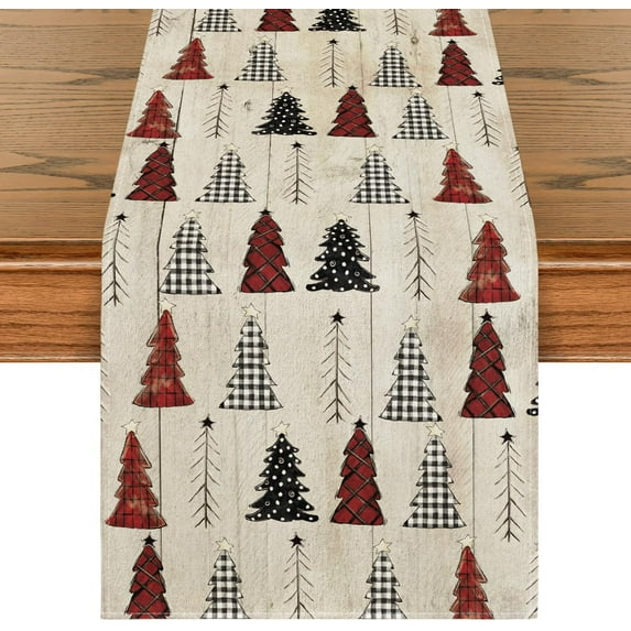 Wood Xmas Tree Christmas Table Runner, Seasonal Winter Holiday Kitchen Dining Table Decoration for Home Party Decor 13x36 Inch