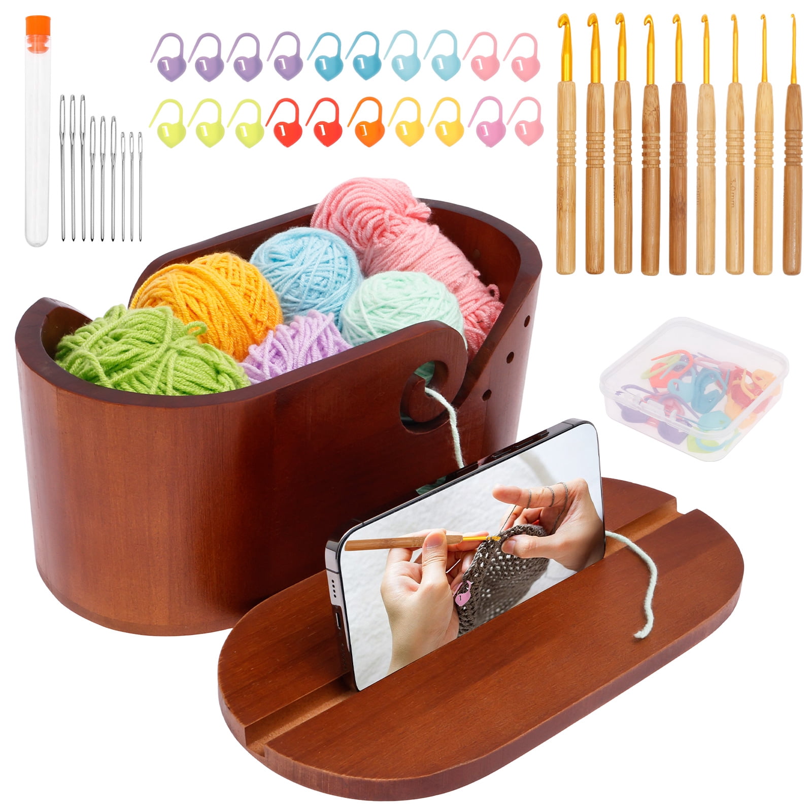 Wood Yarn Bowl Set with Lid and Knitting Accessories Portable Wool Ball Holder for Knitting and Crocheting Enthusiasts