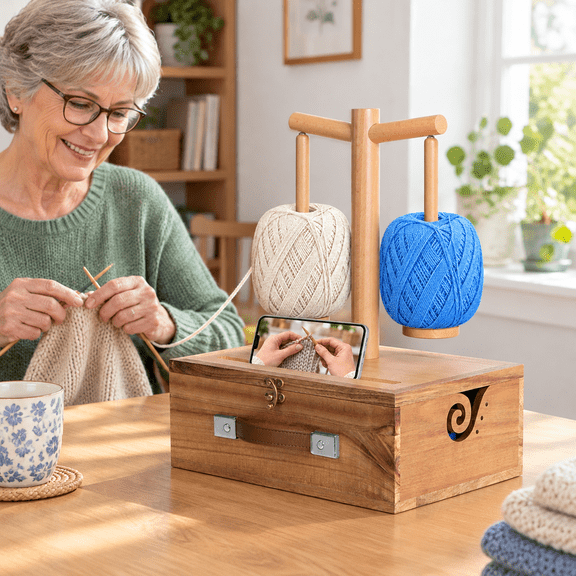 Wood Yarn Holder with Storage Drawer, Curling Slot, and Rotating Base for Crochet and Knitting