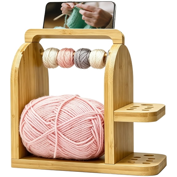 Wood Yarn Spinner Organizer for Knitting, Crochet Skein Holder with Phone Stand, Rotating Rods, Tool Slots, Easy Setup