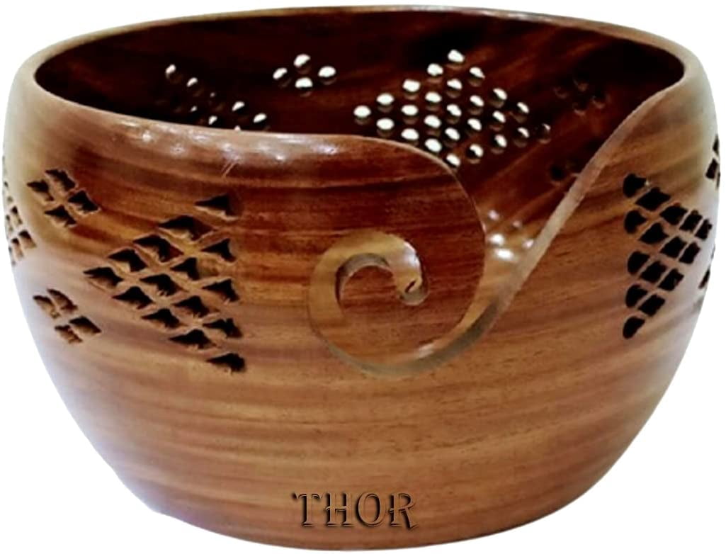 Wood Yarn Storage Bowl with Carved Holes & Drills Knitting Crochet Accessories