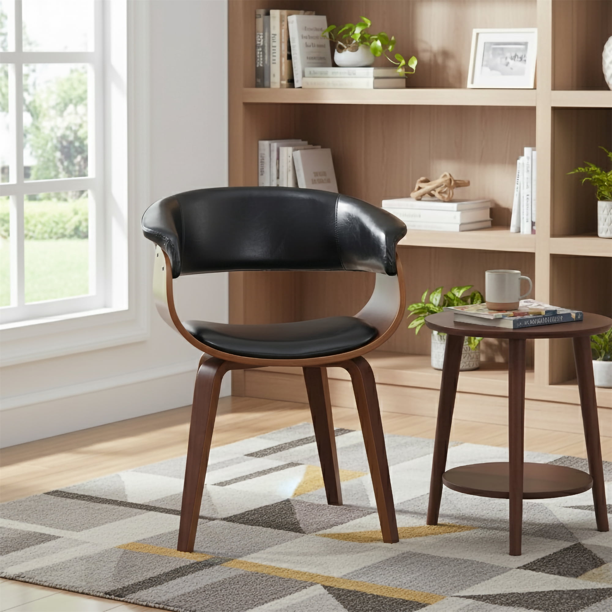 Wood and Black Faux Leather Mid-Century 18-Inch Seat Height Dining Chair