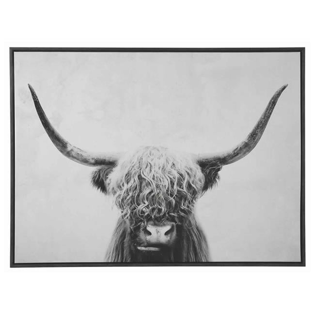 Wood and Canvas Highland Cow Wall Art, Black and White- Saltoro Sherpi