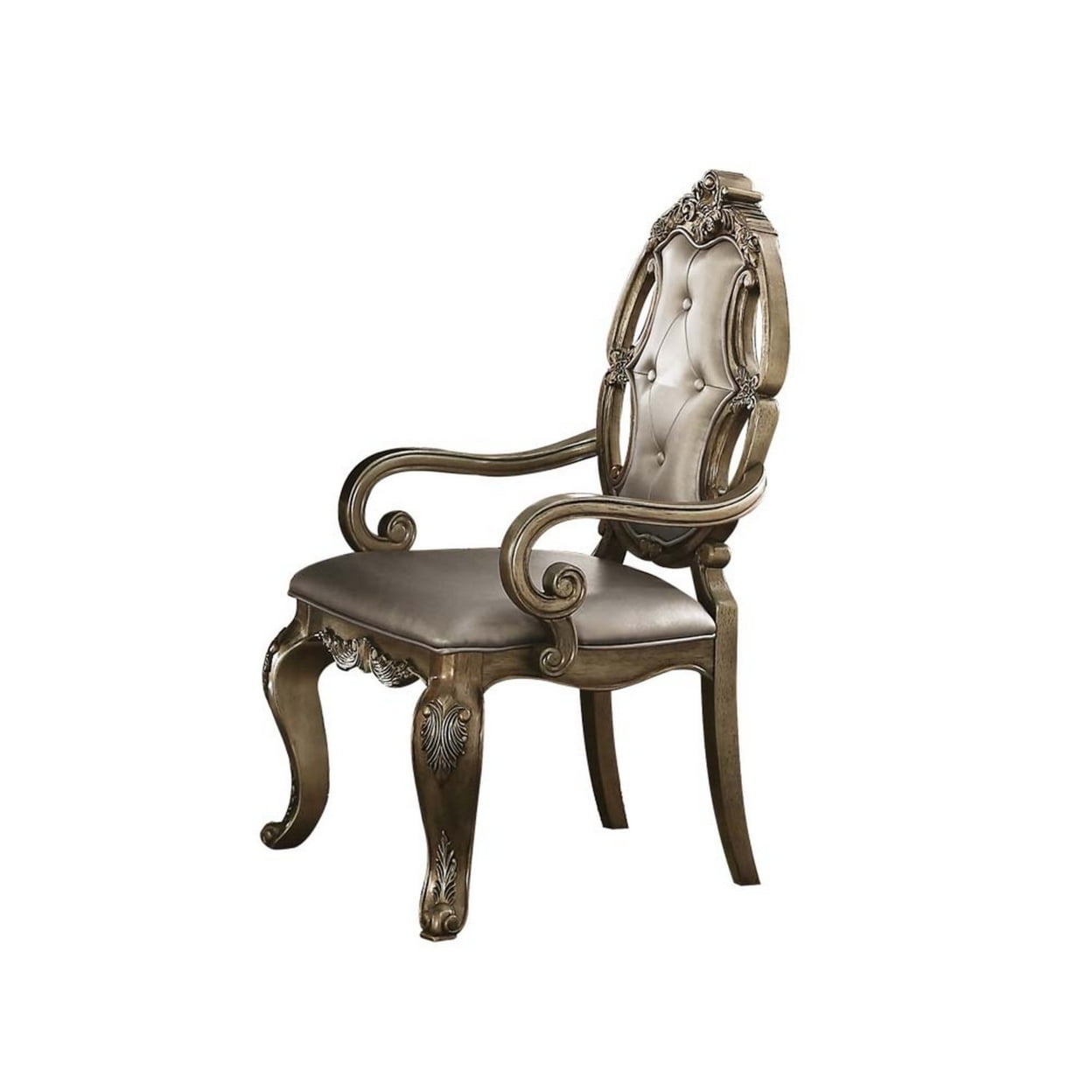 Elegant Brown Leather Button Tufted Arm Chair with Carved Wood Accents