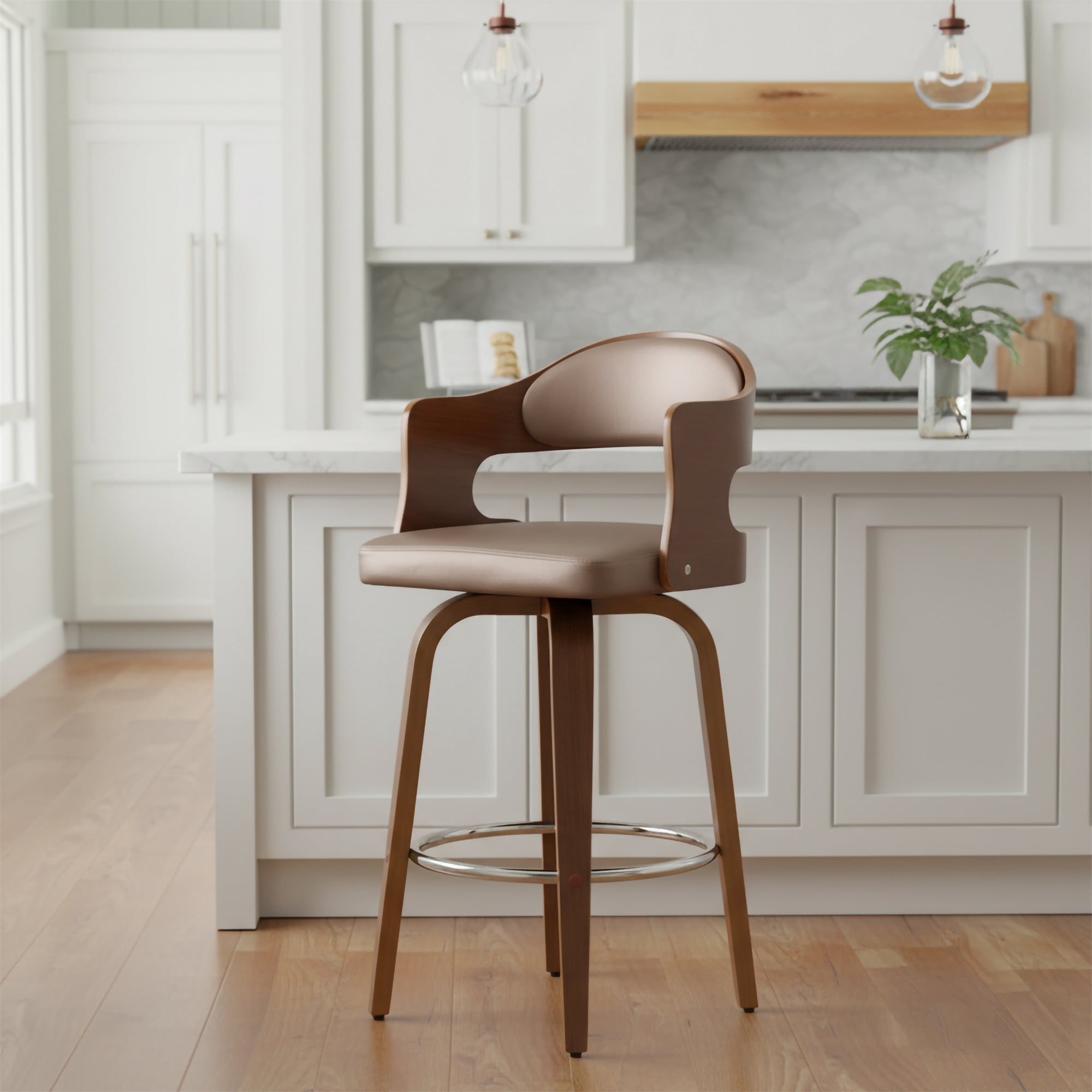 Wood and Faux Leather Copper Mid-Century 27-Inch Counter Seat Height Swivel Barstool