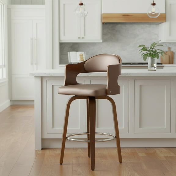 Wood and Faux Leather Copper Mid-Century 27-Inch Counter Seat Height Swivel Barstool