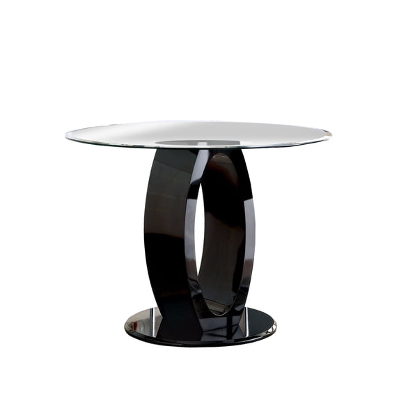 Wood and Glass Counter Height Table with O Shaped Base, Black