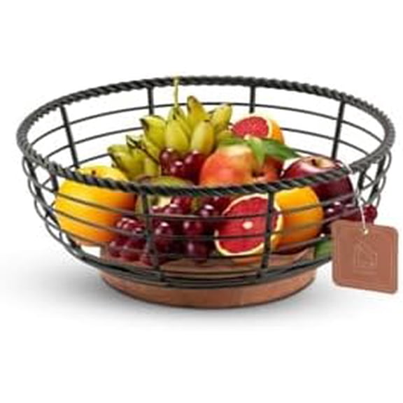 Wood and Iron Fruit Bowls Dishwasher Safe Basket Gift for Home Kitchen, Medium, Natural - 12"x12"x 5" INCHES$$