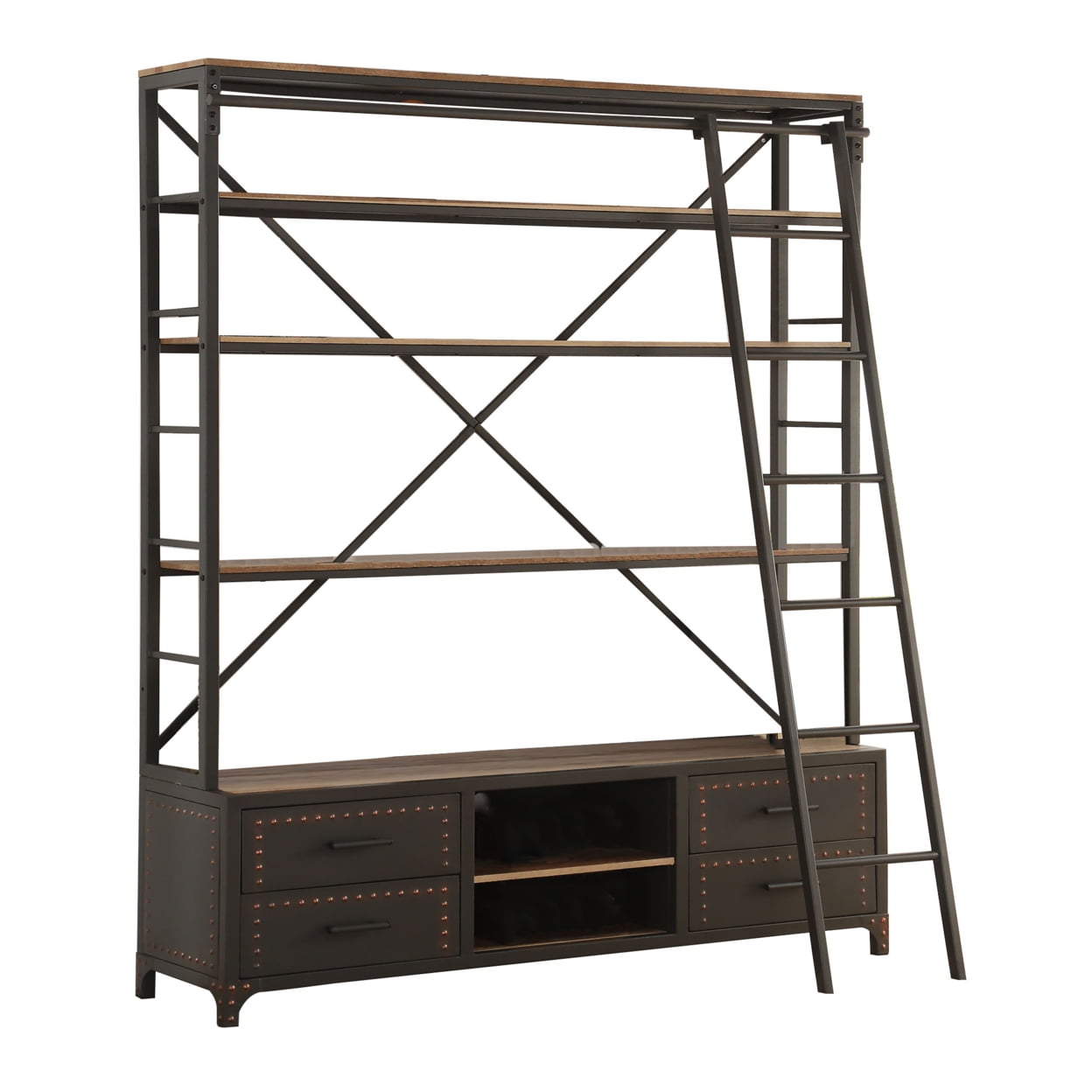 Gray and Brown Industrial Bookshelf with Sliding Ladder