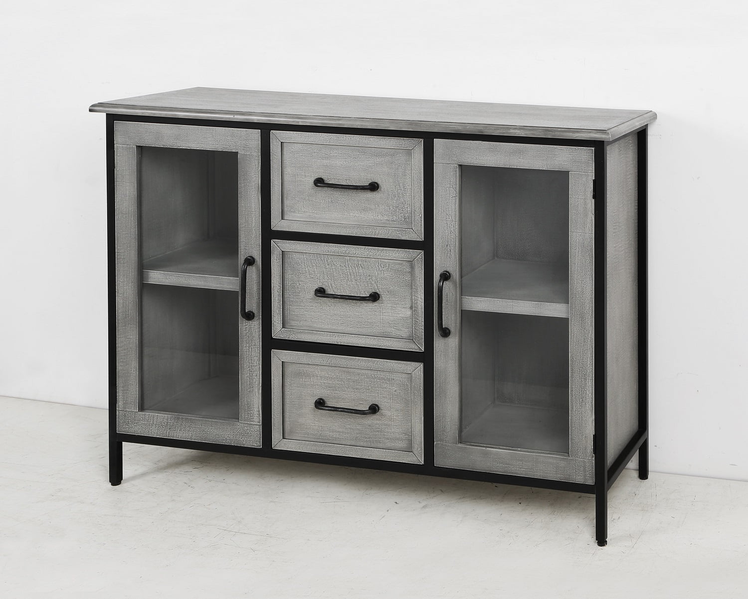 Gray Wood and Metal Cabinet with Glass Doors and Drawers
