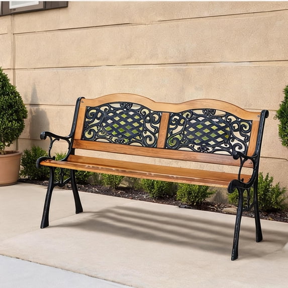 Wood and Metal Garden Bench with Lattice Back, Seats Two, for Patio or Park