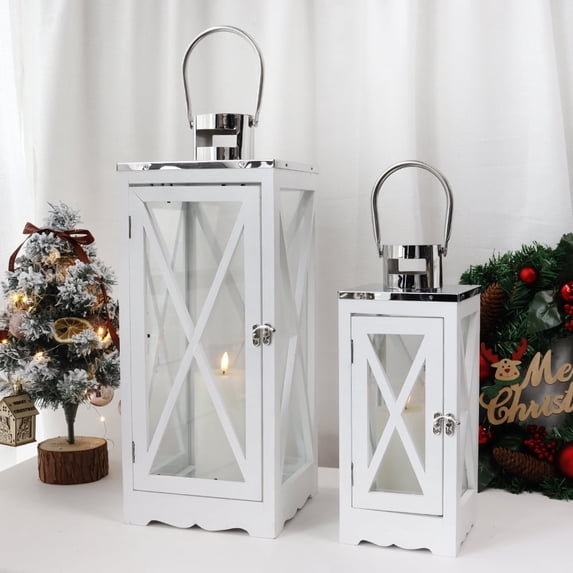 JHY DESIGN Wood and Metal Outdoor Candle Lantern Holder, Set of 2