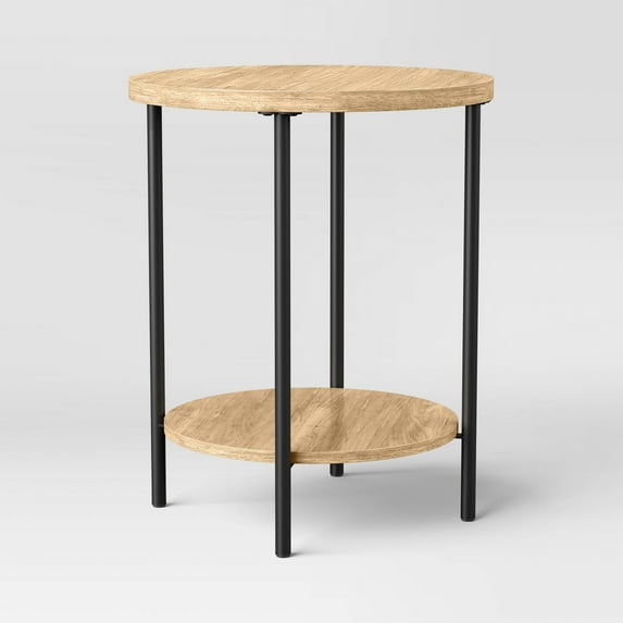 Wood and Metal Small Round Dorm End Table Natural Finish
