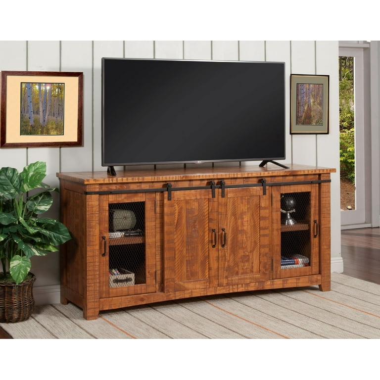 家具・インテリア shu Wood and Metal TV Stand With 2 Mesh Style Doors, Honey
