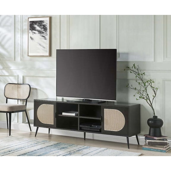 Wood and Metal TV Stand with Rattan Insert / Enhance Decor in Living Space