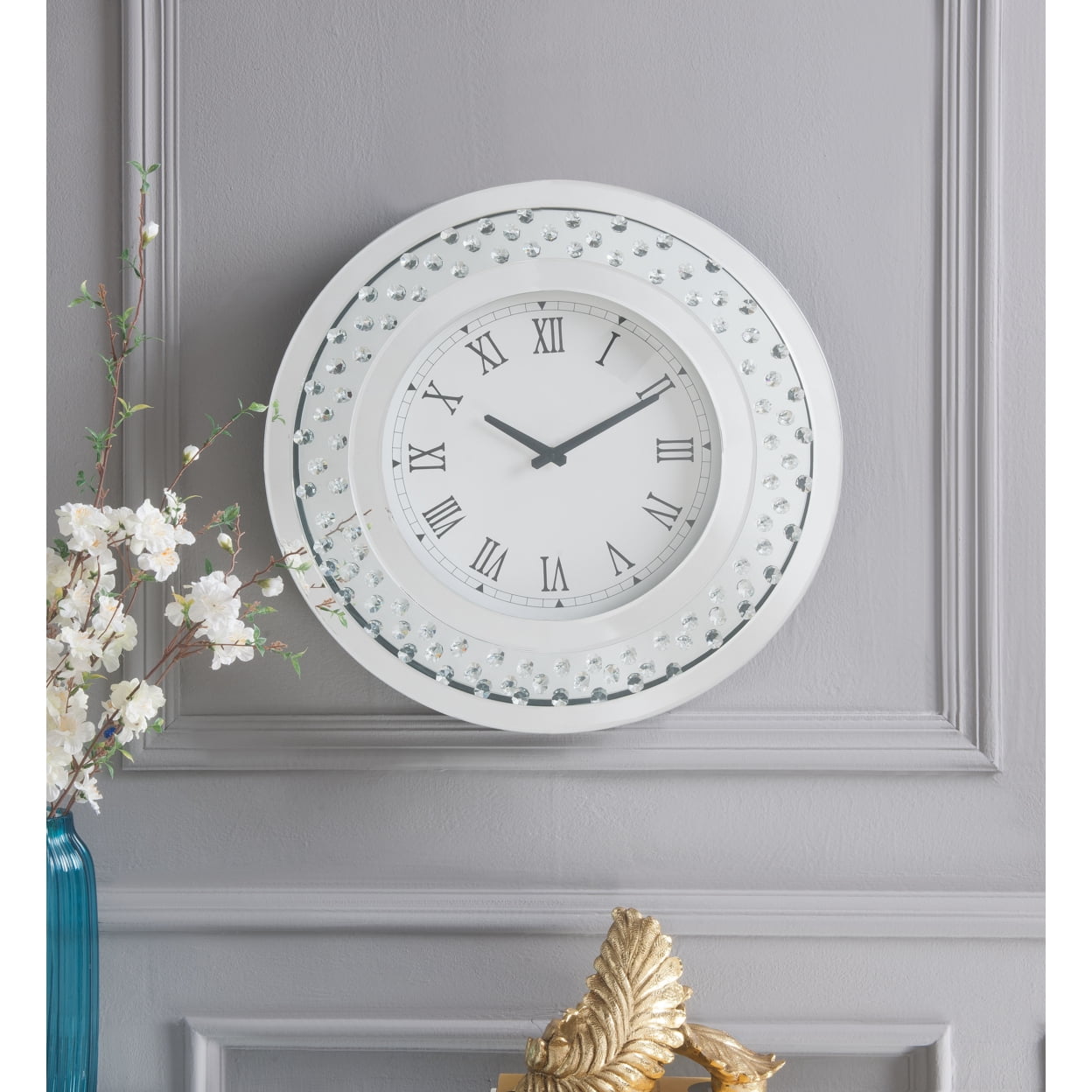 Wood and Mirror Round Analog Wall Clock, White Saltoro Sherpi
