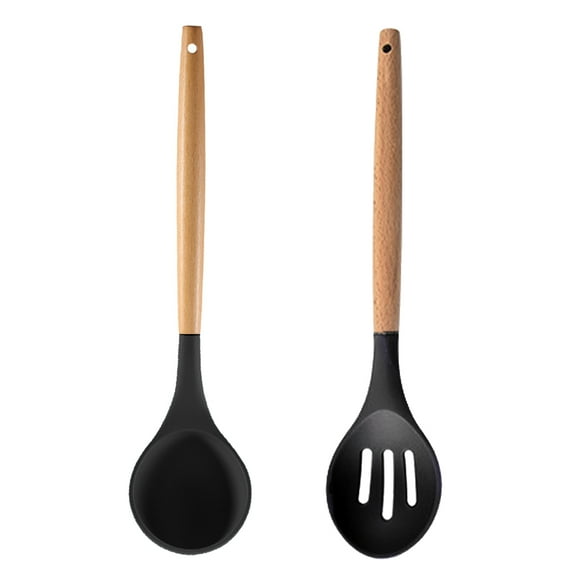 Wood and Silicone Kitchen Utensils Set, Utensil and Lid Rest,Wood Handles, Nonstick Utensils Cooking SetSoup spoon + leak (black)