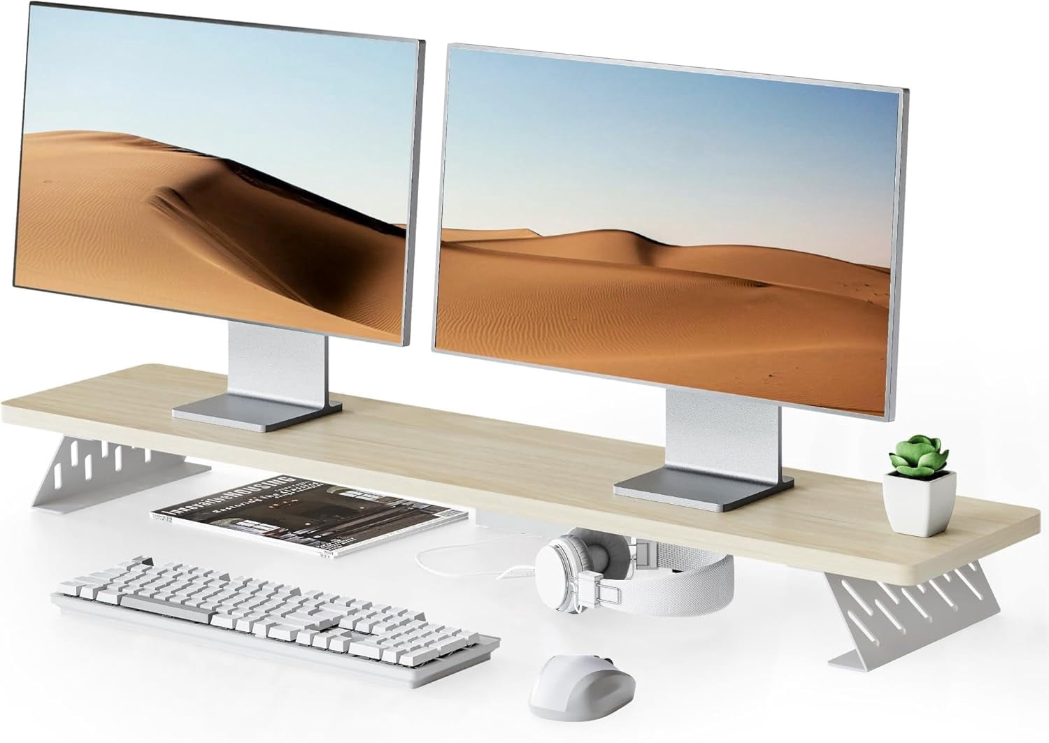 Wood and Steel Dual Monitor Stand Riser for Desktop, Laptop, PC, and Printer