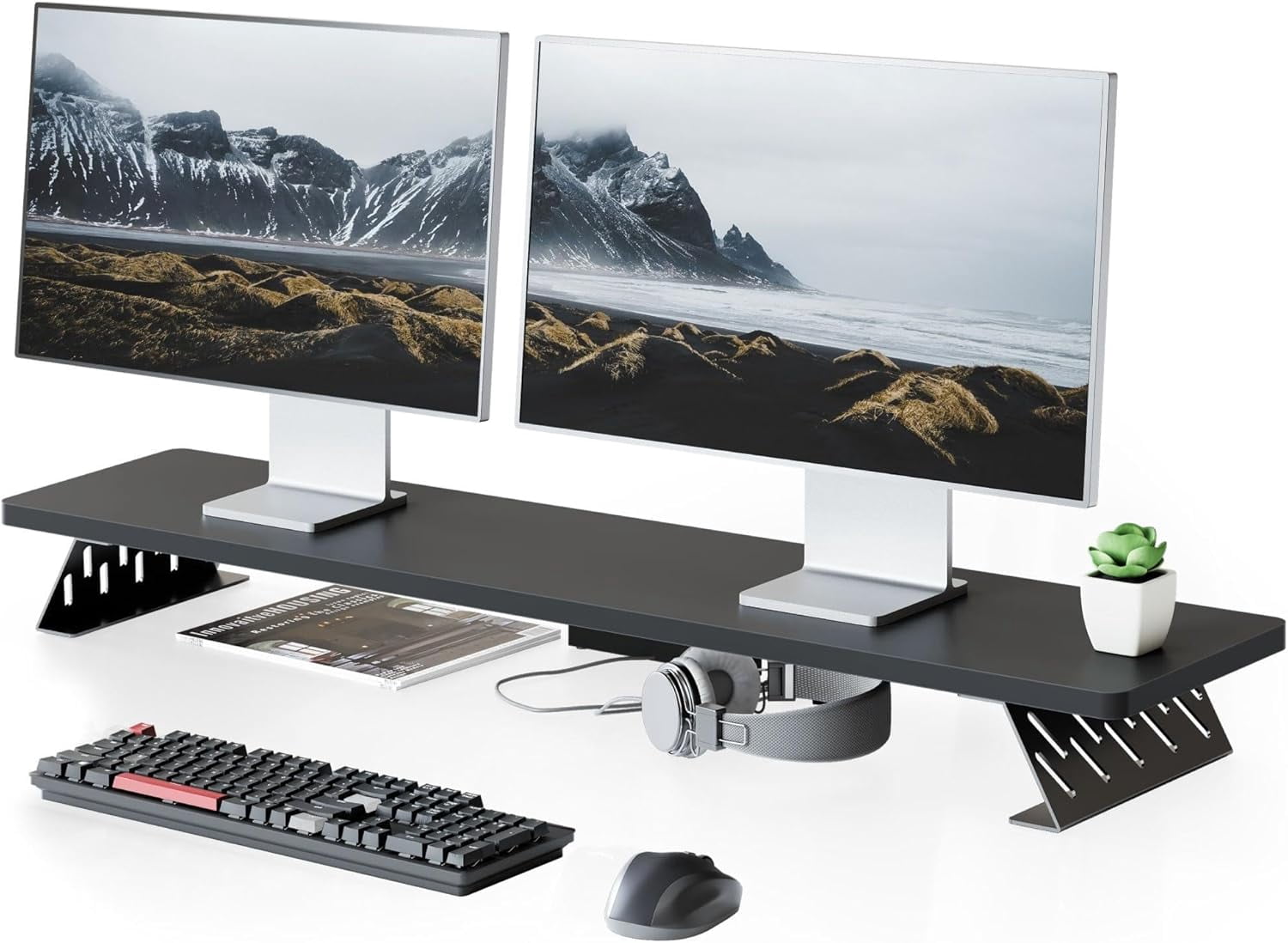 Wood and Steel Dual Monitor Stand Riser for Desktop, Laptop, PC, and Printer