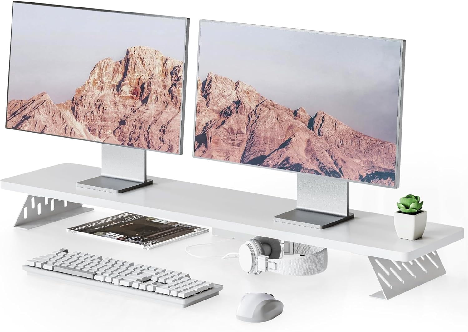 Wood and Steel Dual Monitor Stand Riser for Desktop, Laptop, PC, and Printer