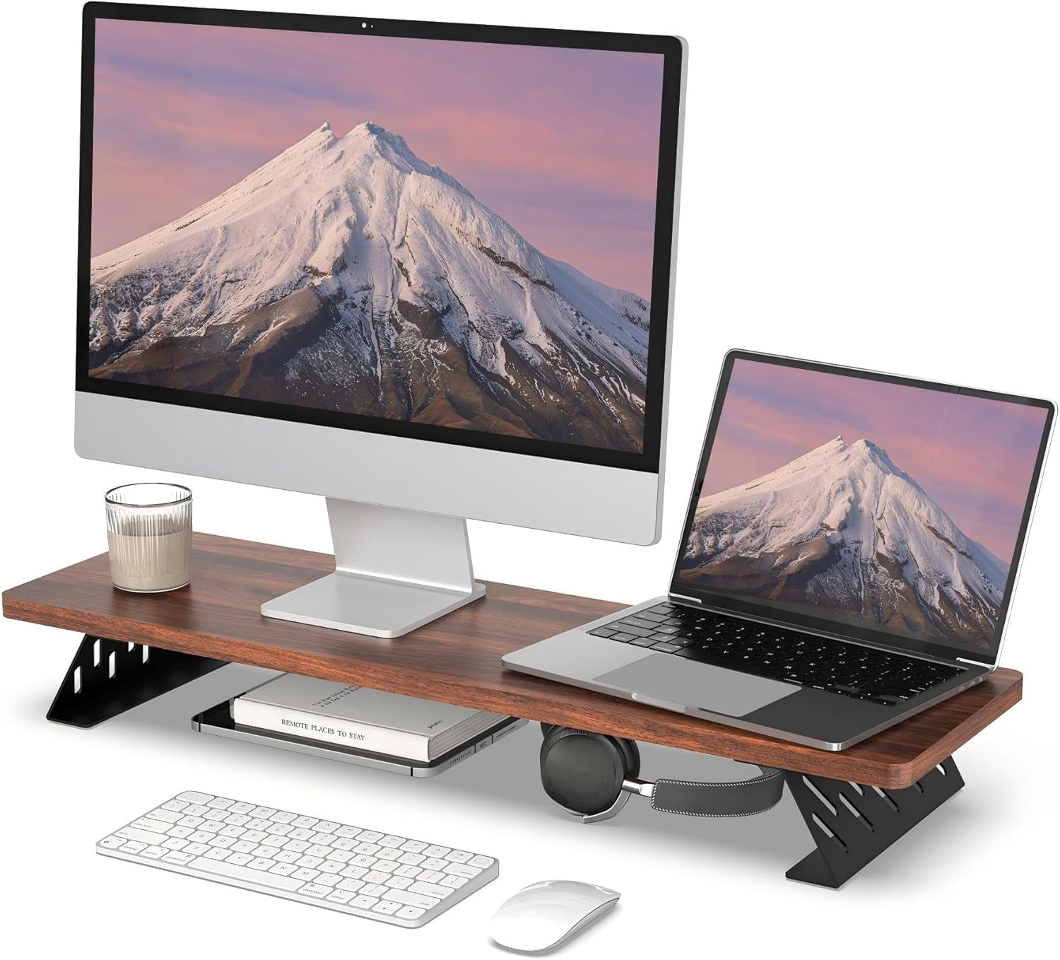 Wood and Steel Dual Monitor Stand Riser for Desktop, Laptop, PC, and Printer