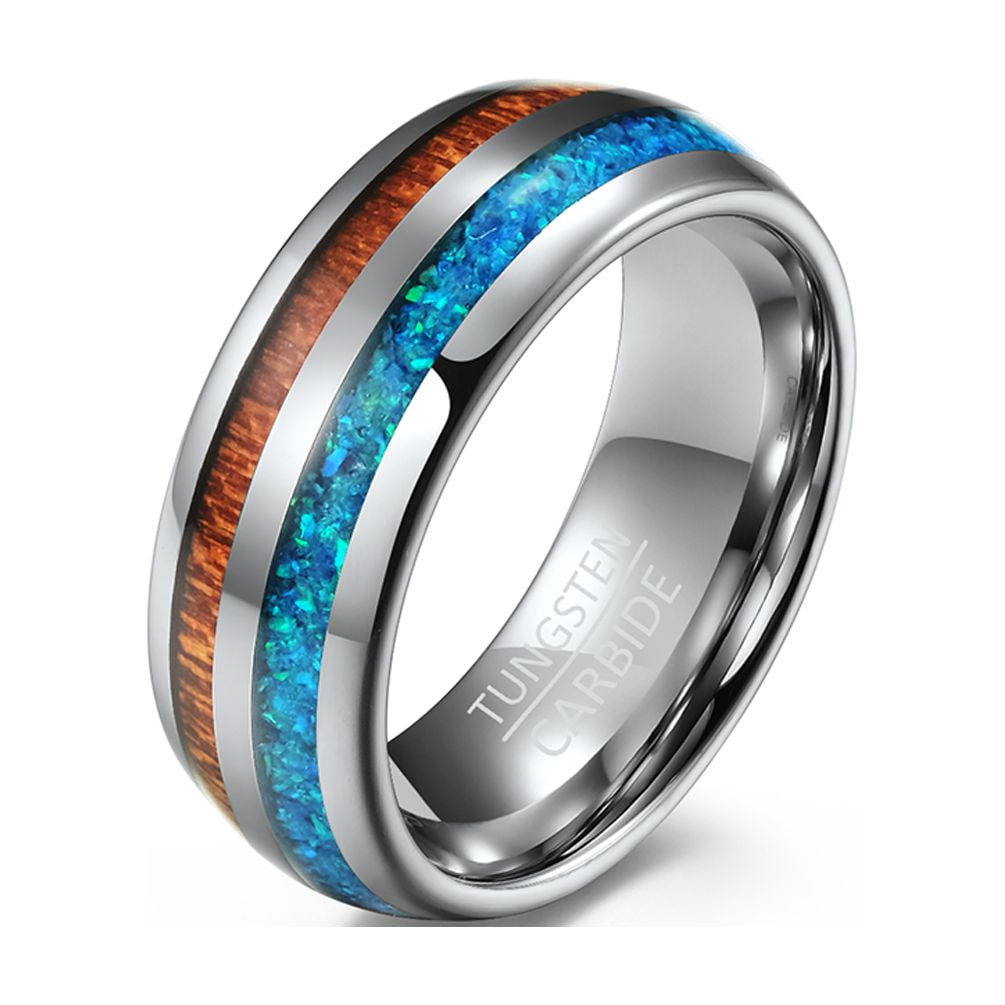Wood design 8mm Tungsten Carbide Mens Ring Men Wedding Band Opal Man Ring - Walmart.com