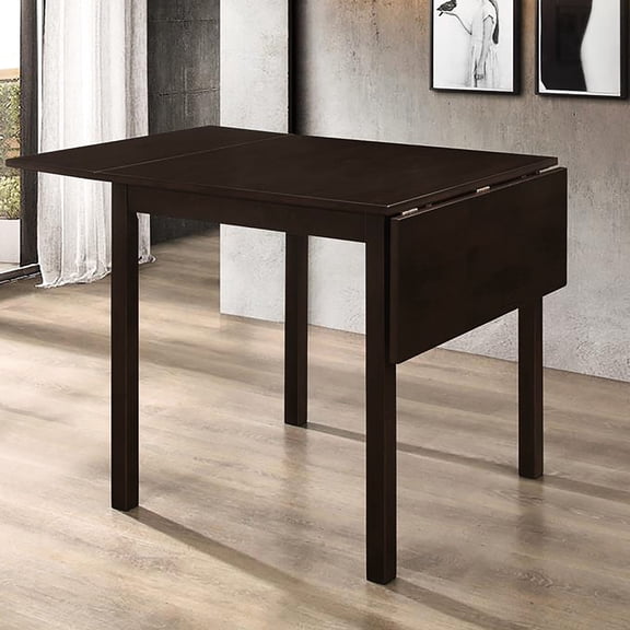 Wood dining table with classic look and drop extension leaf for kitchen nooks maximizes seating
