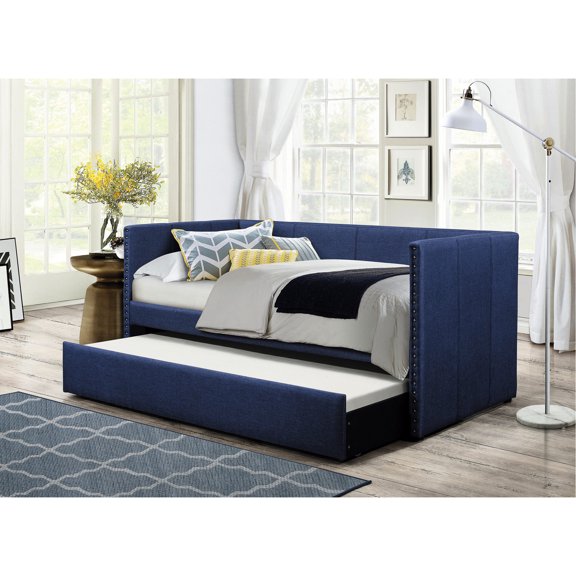Wood - framed blue day bed with nailhead trim and trundle for bedroom relaxation