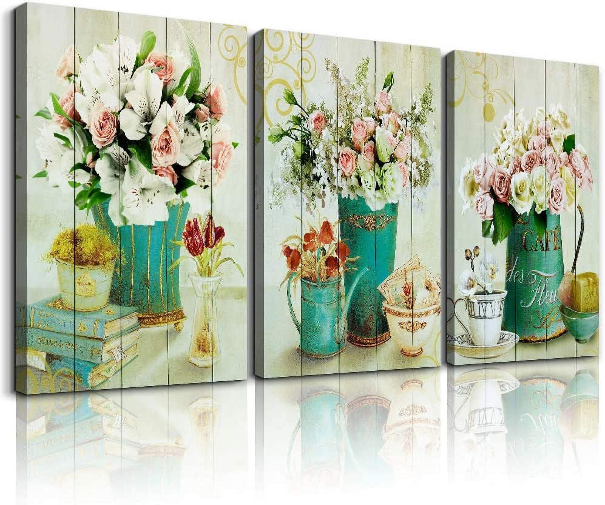 Visual Reference: Wood Grain Still Life Flowers Watercolor Painting Canvas Wall Art