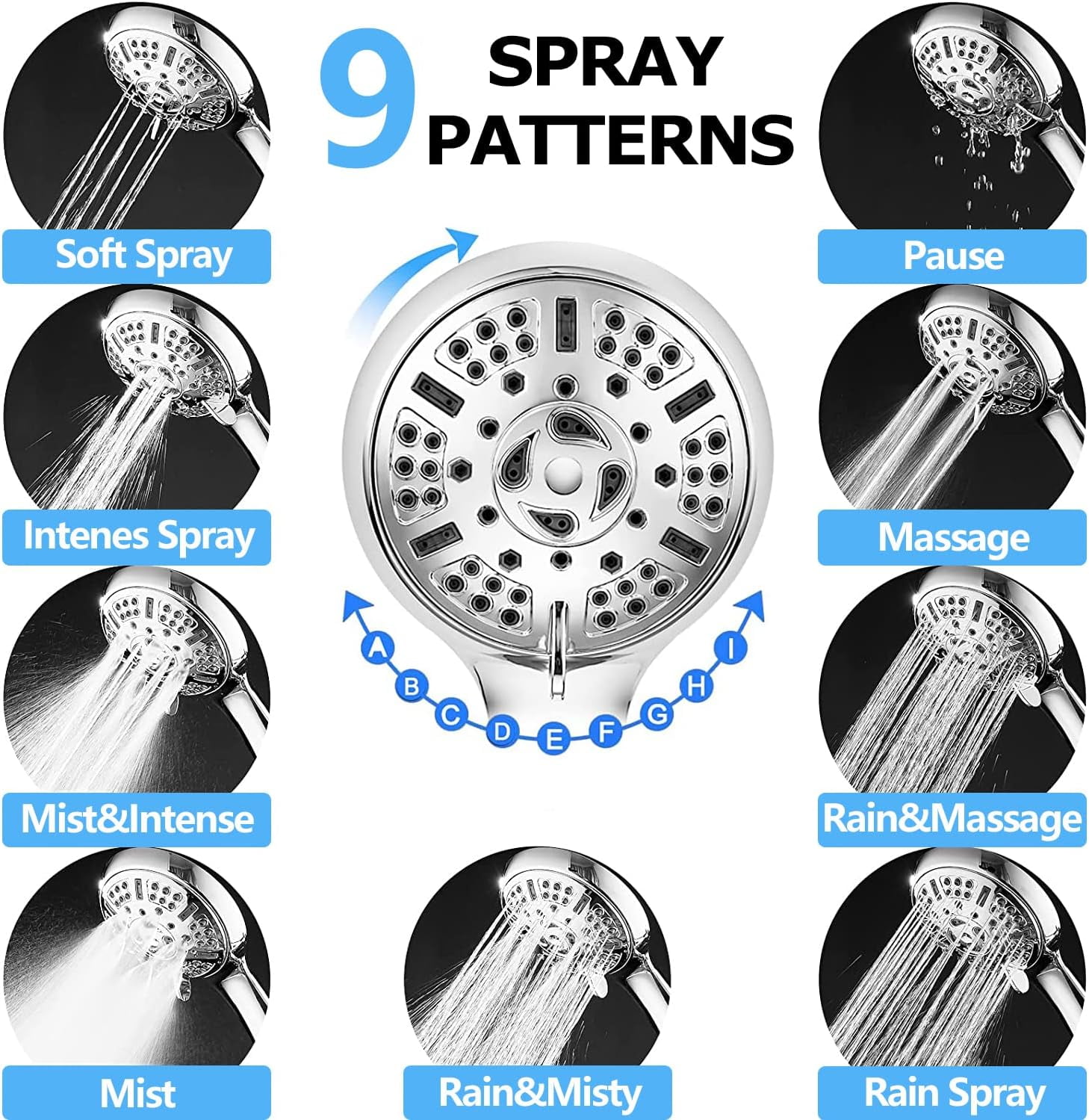 Wood-it High Pressure Fixed Shower Head Upgraded 9 Functions Adjustable Bathroom Showerhead Multi-Functional Wall Showerhead