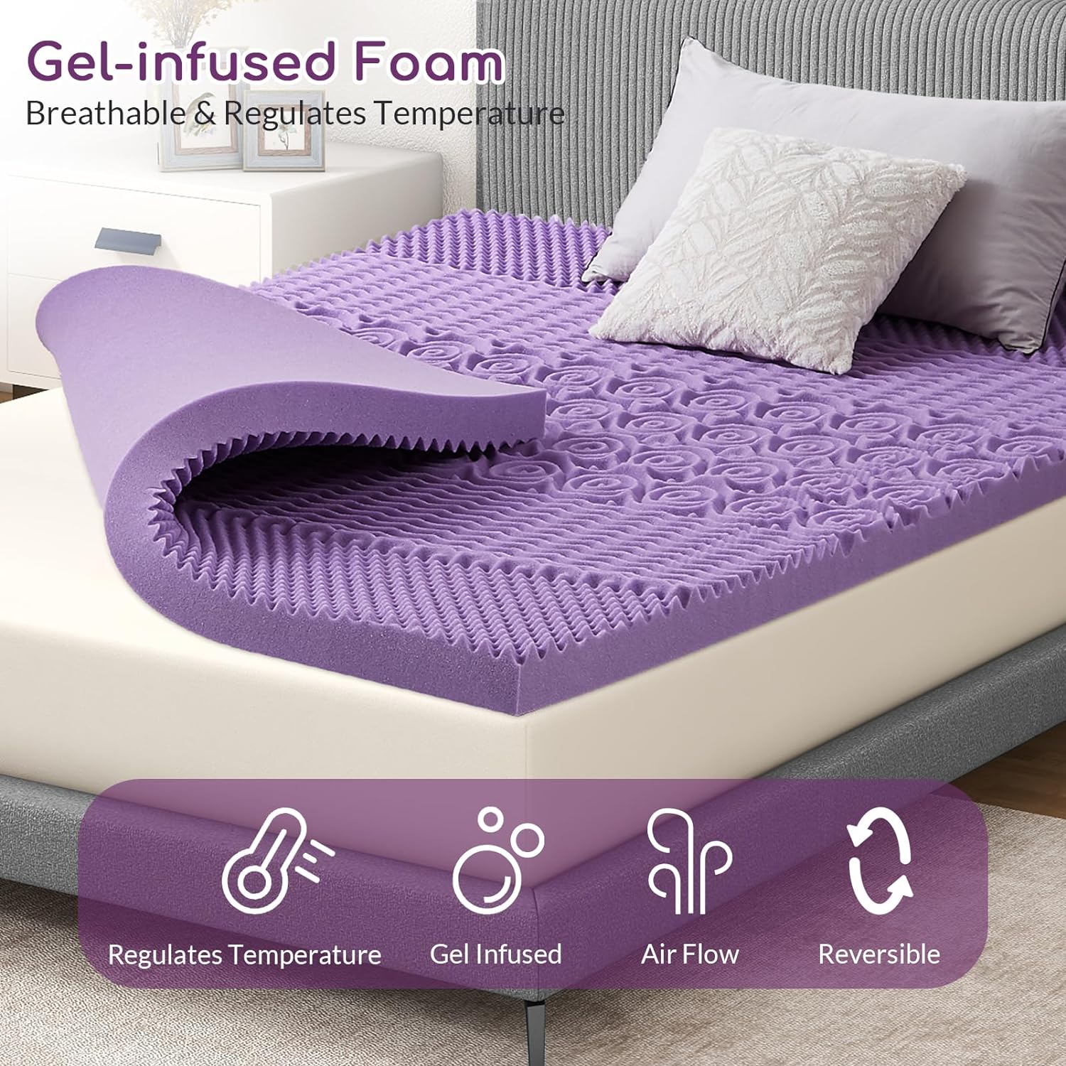 Woodit Mattress Topper, 5Zone Gel Memory Foam Egg Crate Bed Topper