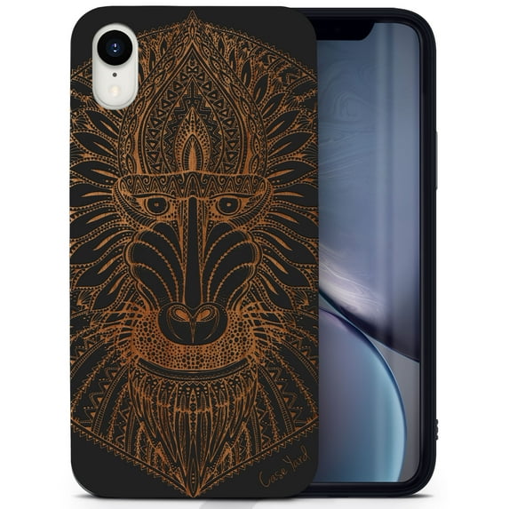 Wood phone case for iPhone XR compatible protective cell phone cover shockproof slim fit laser engraved Baboon Monkey design Black wood case for Men & Women by CaseYard