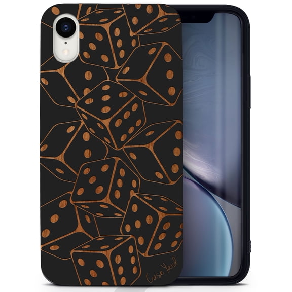 Wood phone case for iPhone XR compatible protective cell phone cover shockproof slim fit laser engraved Dices Falling design Black wood case for Men & Women by CaseYard