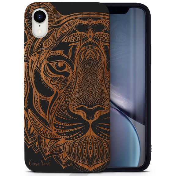 Wood phone case for iPhone XR compatible protective cell phone cover shockproof slim fit laser engraved Doodle Tiger Face design Black wood case for Men & Women by CaseYard