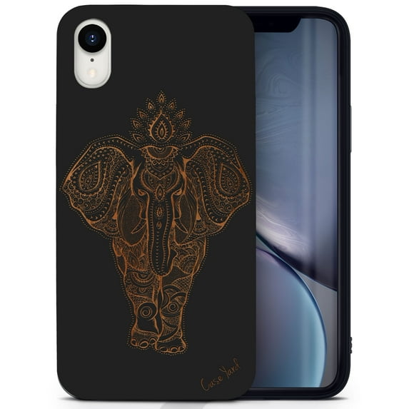 Wood phone case for iPhone XR compatible protective cell phone cover shockproof slim fit laser engraved Elephant Indian design Black wood case for Men & Women by CaseYard