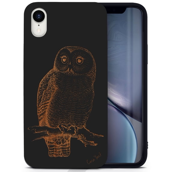Wood phone case for iPhone XR compatible protective cell phone cover shockproof slim fit laser engraved Owl Sketch design Black wood case for Men & Women by CaseYard