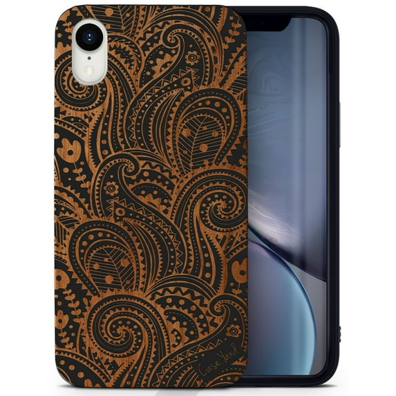 Wood phone case for iPhone XR compatible protective cell phone cover shockproof slim fit laser engraved Paisley design Black wood case for Men & Women by CaseYard