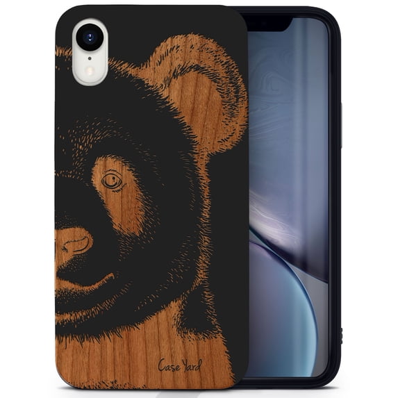 Wood phone case for iPhone XR compatible protective cell phone cover shockproof slim fit laser engraved Panda Face design Black wood case for Men & Women by CaseYard