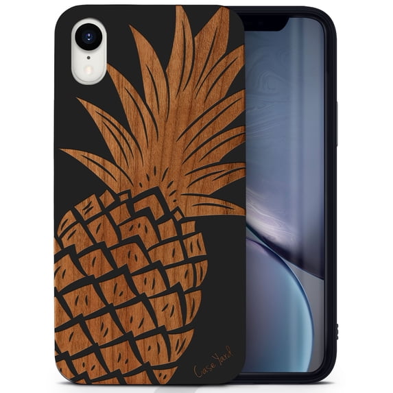 Wood phone case for iPhone XR compatible protective cell phone cover shockproof slim fit laser engraved Pineapple design Black wood case for Men & Women by CaseYard