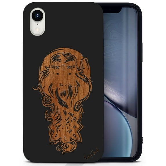 Wood phone case for iPhone XR compatible protective cell phone cover shockproof slim fit laser engraved Svarog design Black wood case for Men & Women by CaseYard
