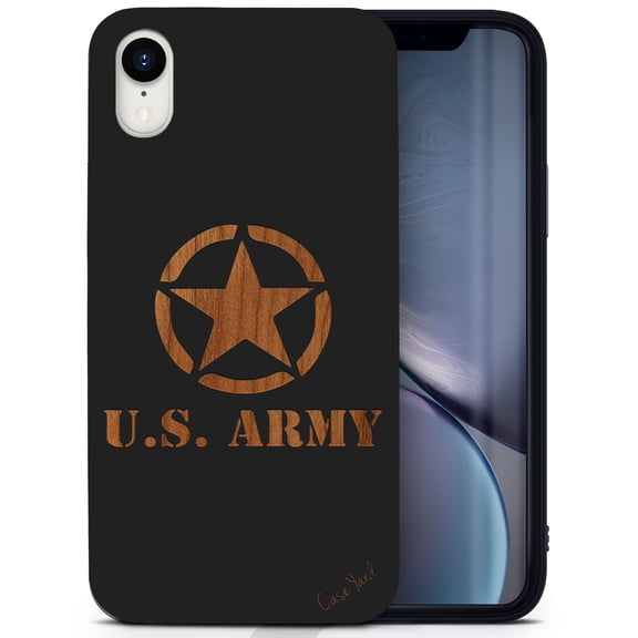 Wood phone case for iPhone XR compatible protective cell phone cover shockproof slim fit laser engraved US Army Logo design Black wood case for Men & Women by CaseYard