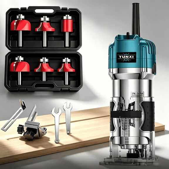 Wood router, 110V Compact Wood Router Tool for Woodworking, Electric Hand Trimmer Collets Palm Wood Router Tools Laminate Trimmer + Tungsten Carbide Router Bits