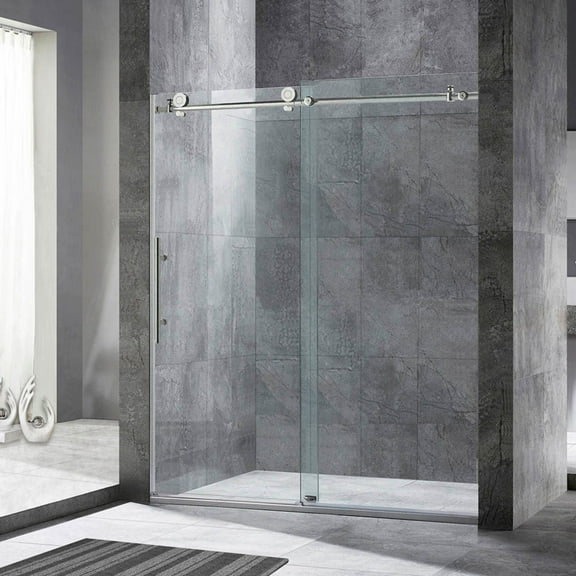 WoodBridge Frameless Sliding Shower Door, 56" - 60" Width, 76" Height, 3/8" (10 mm) Clear Tempered Glass, Chrome Finish, Designed For Smooth Door Closing. MBSDC6076-C