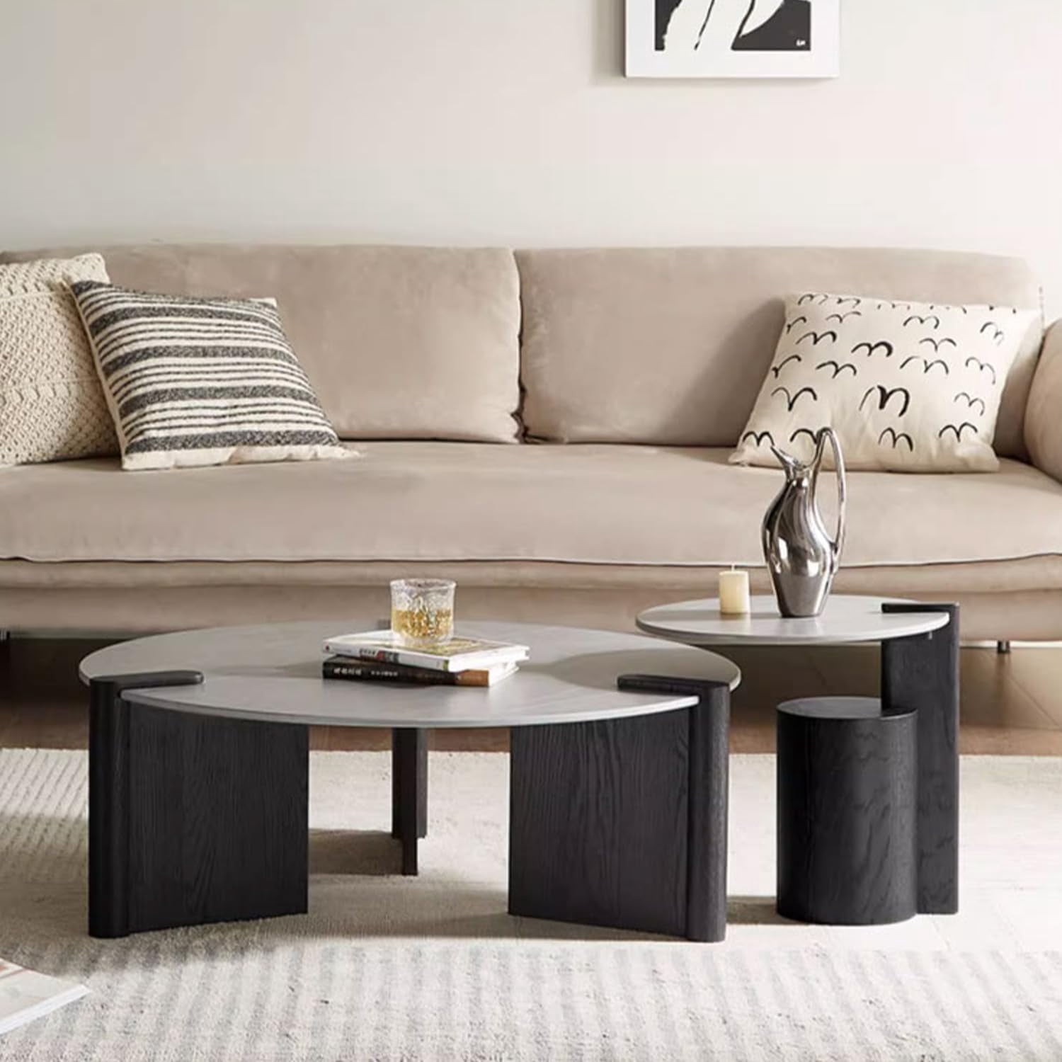 WoodFX Round Coffee Table, 35in 2-Part Unique Modern Grey Sintered Stone Coffee Tables for ...