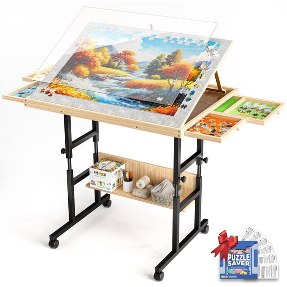 Buballino Adjustable Wooden Puzzle Table, Adjustable Height and Angle, for Adults