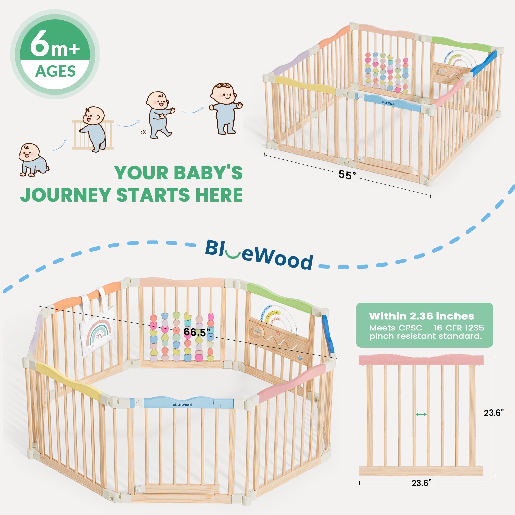 Buballino 8-Panel Baby Safety Fence Set - 100% Solid Pine Wood, 23.2"x23.6" Panels, Freestanding Easy Assembly Play Area Enclosure