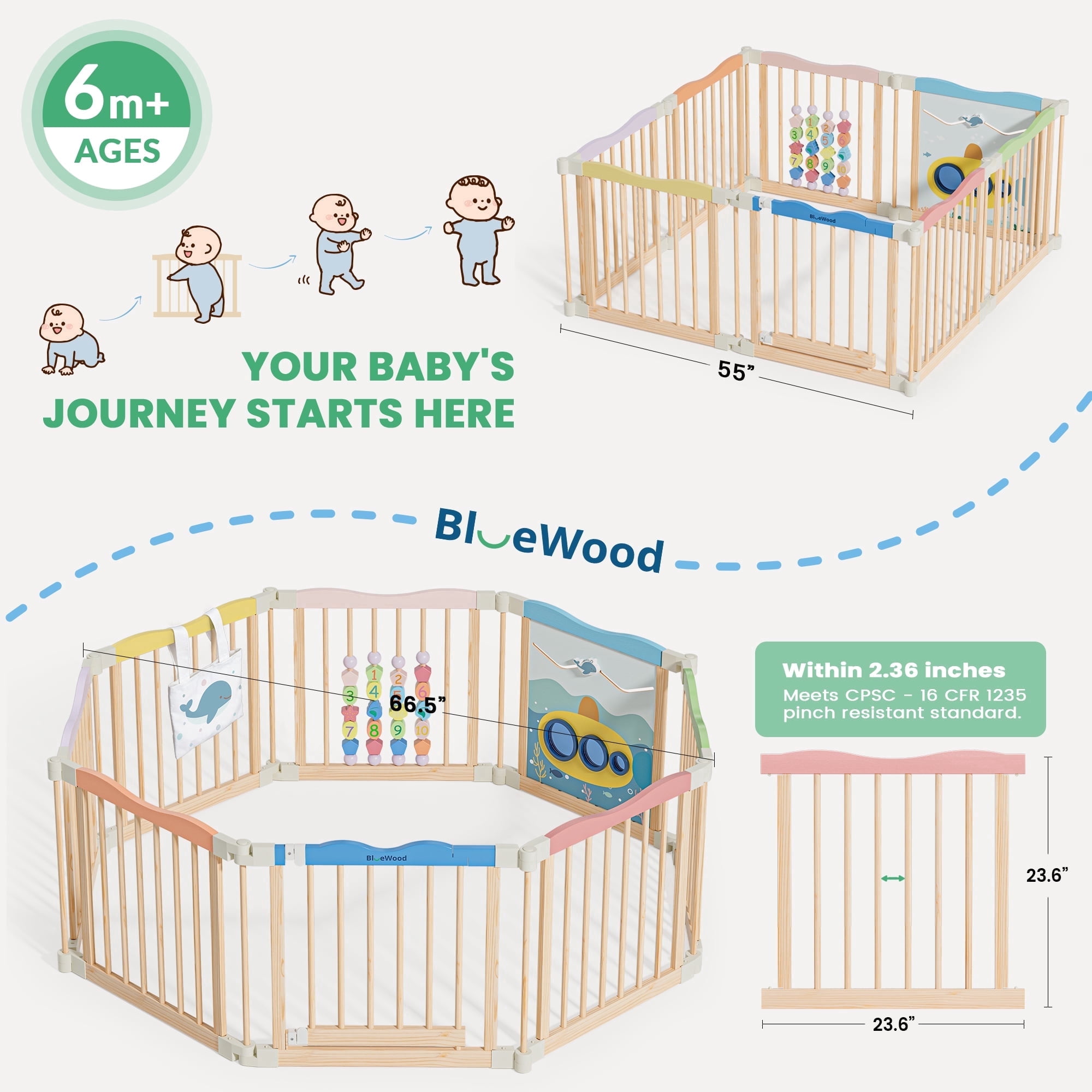 Buballino Safety Fence Set 8-Panel Retractable Indoor Baby Play Yard, Blue, 66.5 x 66.5 x 23.6 in