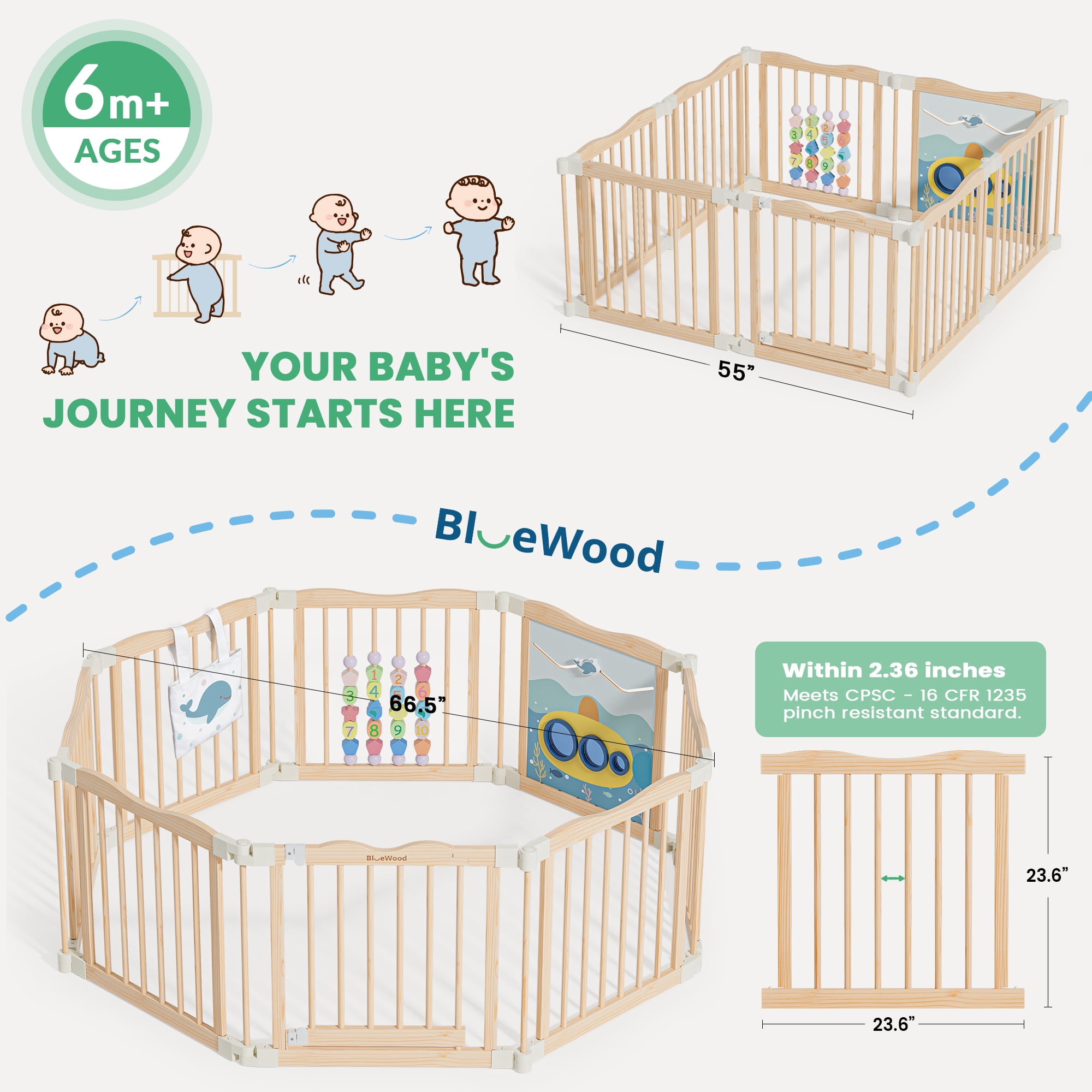WoodTooy 8-Panel Solid Pine Wood Kids Safety Play Fence Set , Easy Assembly for Indoor Play Areas