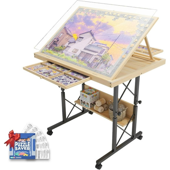 WoodTooy Adjustable-Height Wooden Puzzle Table with Wheels for Easy Mobility, 1500 Pieces
